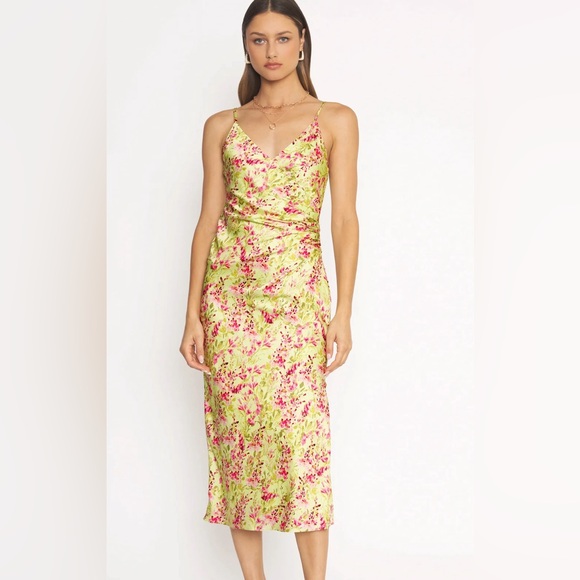 REVOLVE Dresses & Skirts - 4SI3NNA Jessika Green Floral Printed Satin Effect Midi Dress